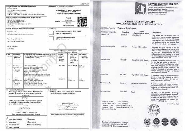 CO, CQ sàn gỗ Inovar Malaysia