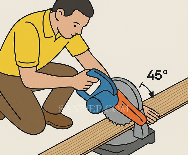 Đầu tiên cần cắt tấm ván sàn A góc 45 độ của 1 cạnh sát tường