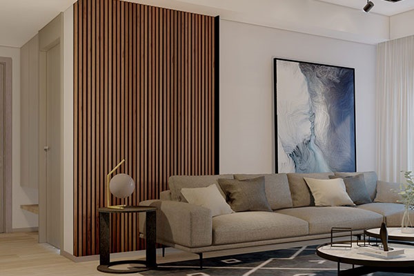 ốp tường giả gỗ lam sóng phòng khách
